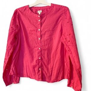 J. Crew Vibrant Pink Lace Cutout Sleeve Blouse